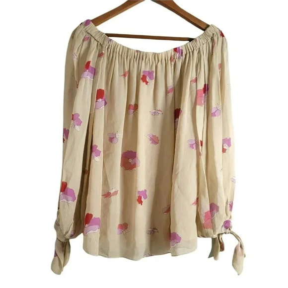 Jill stuart Off The Shoulder Blouse Womens M Ivory FloralBow 3/4 Sleeve hem tie - Picture 1 of 10